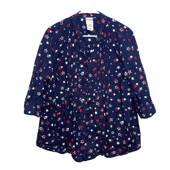 Scandia Woods Womens Navy Star Print Tunic Top L 3/4 Sleeve Button-Front 100% Co - Picture 1 of 5